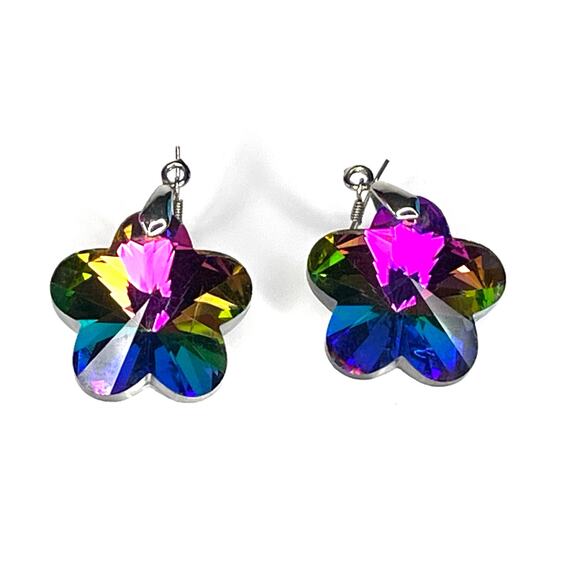 VTG y2k Multi Color FLOWER EARRINGS 2" Rainbow Light Reflects Glass Dangle Drop - Picture 5 of 6